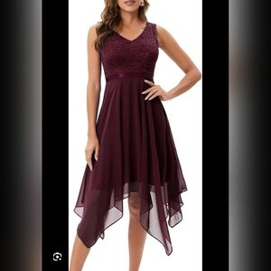 MEETJEN WOMEN'S BURGUNDY LACE CONTRAST ASSYMETRICAL HEM DRESS SIZE SMALL
